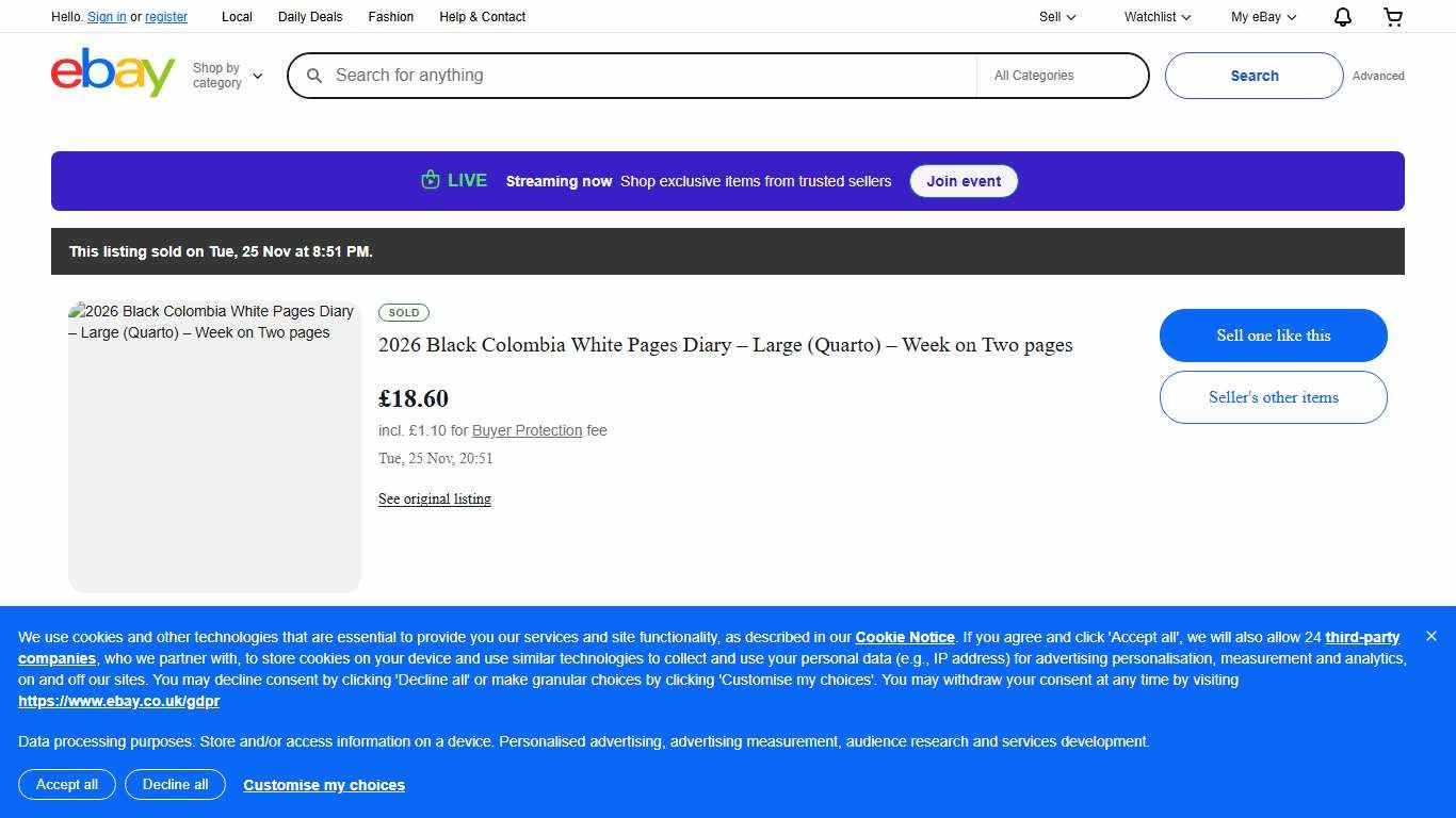 2026 Black Colombia White Pages Diary – Large (Quarto) – Week on Two pages | eBay UK