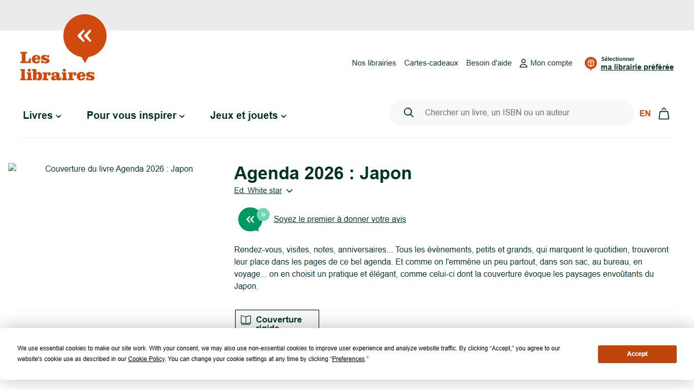 Agenda 2026 : Japon de Ed. White star | Livres en français et autres langues | Loisirs | Agendas/Calendriers/Carnets | leslibraires.ca | Acheter des livres papier et numériques en ligne